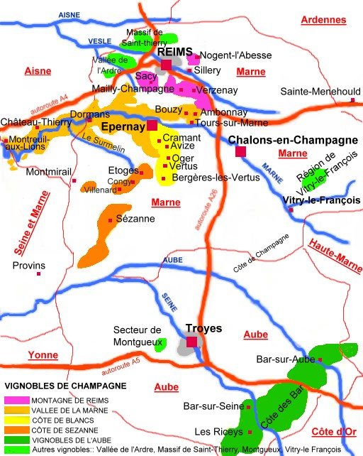 carte des régions viticoles de Champagne